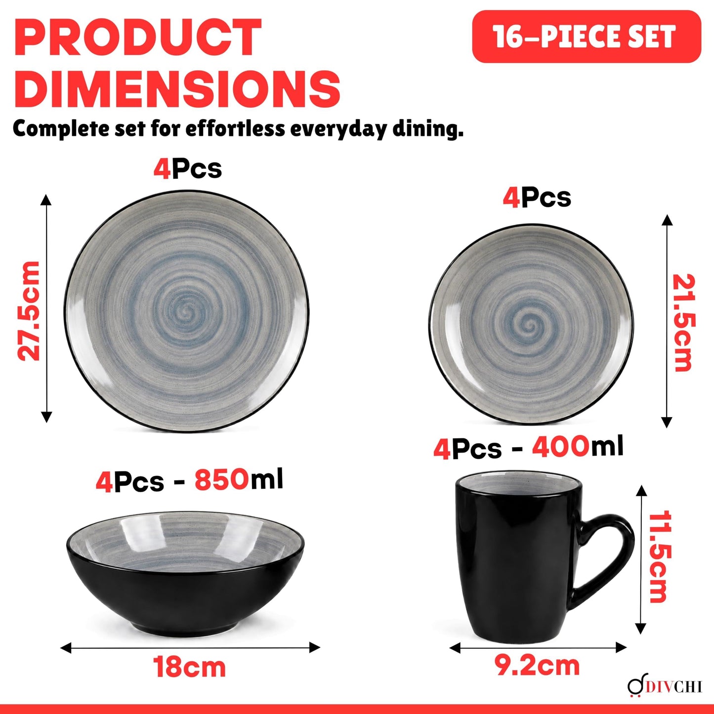 DIVCHI 16 Piece Ceramic Dinnerware Set - Light Grey - Image 3