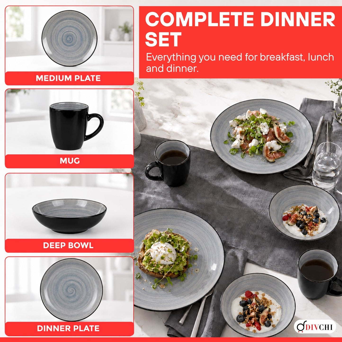 DIVCHI 16 Piece Ceramic Dinnerware Set - Light Grey - Image 6