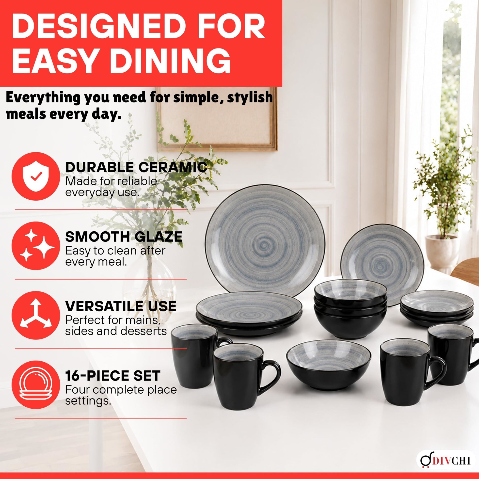 DIVCHI 16 Piece Ceramic Dinnerware Set - Light Grey - Image 7
