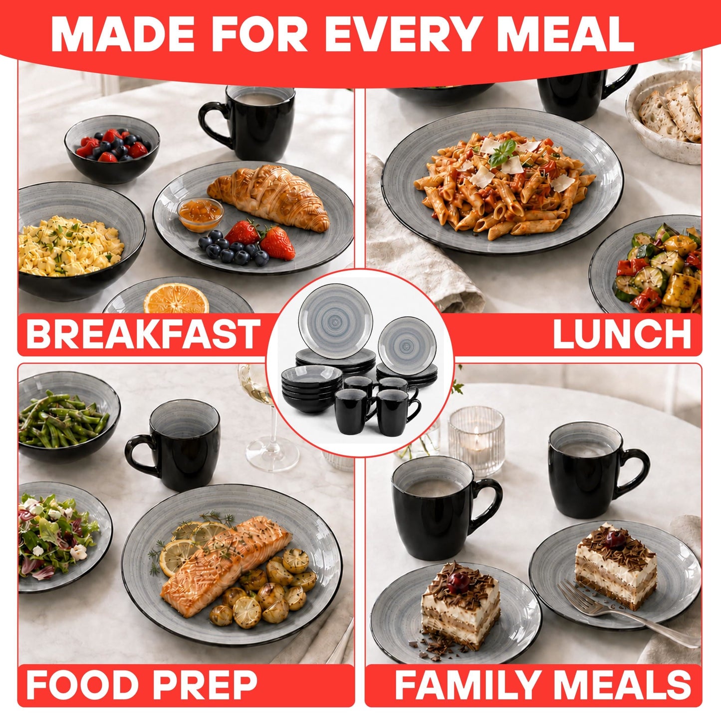 DIVCHI 16 Piece Ceramic Dinnerware Set - Light Grey - Image 8