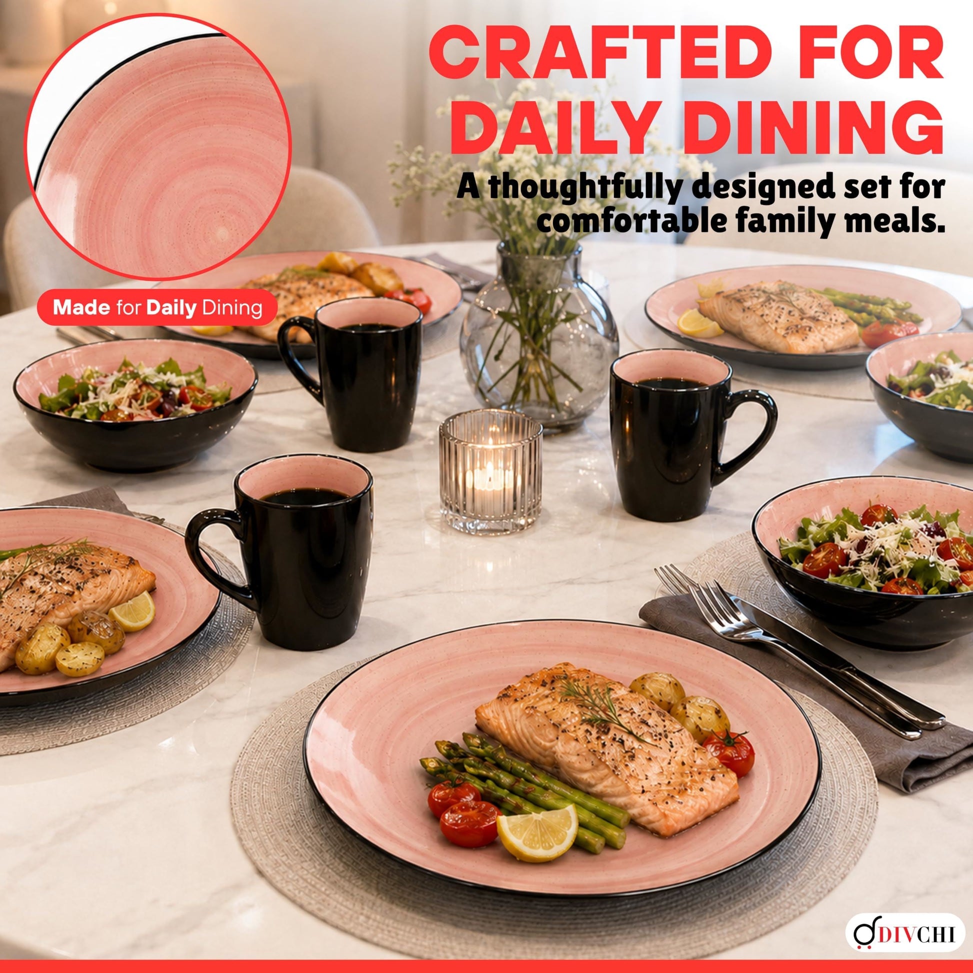 DIVCHI 16 Piece Ceramic Dinnerware Set - Light Pink - Image 3