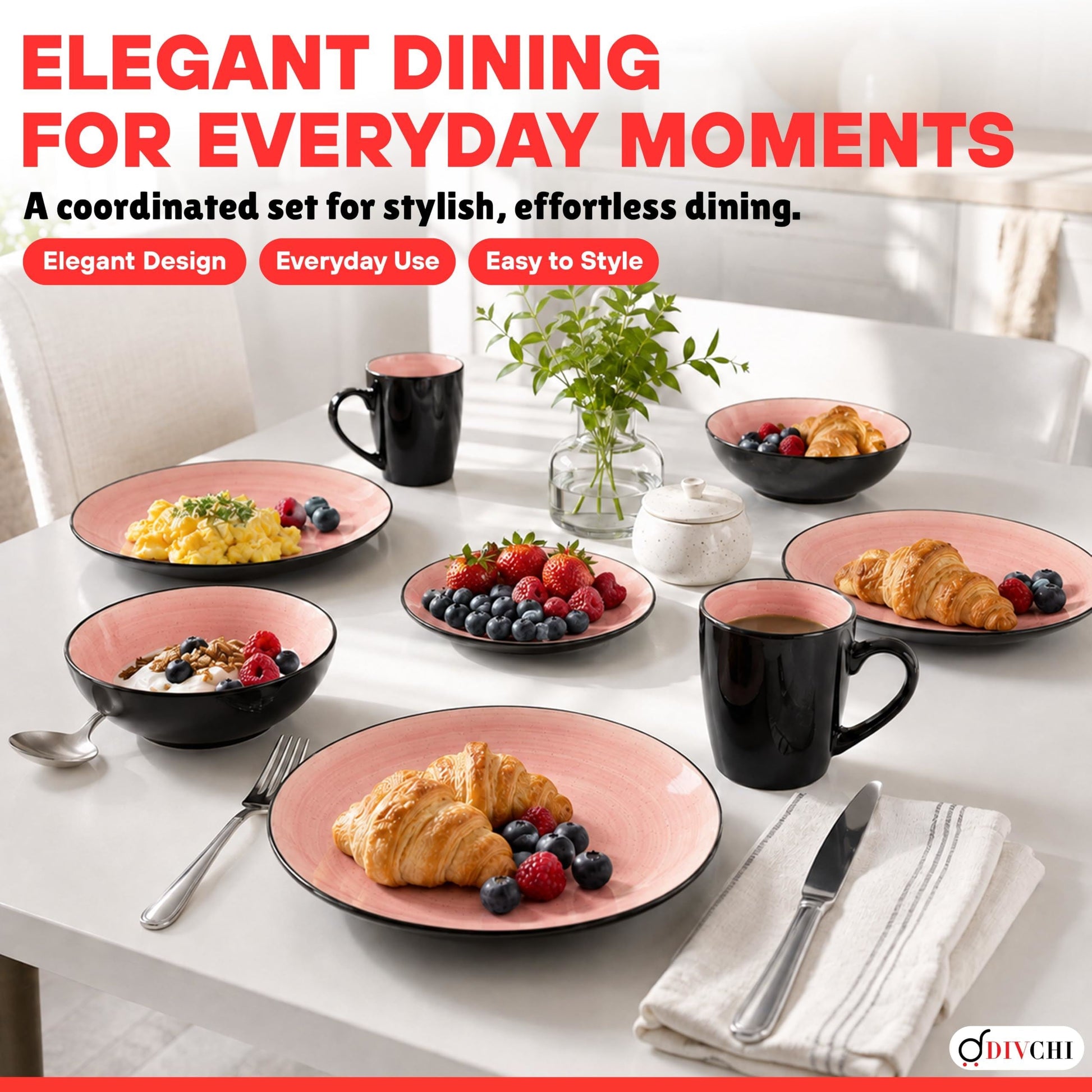 DIVCHI 16 Piece Ceramic Dinnerware Set - Light Pink - Image 6