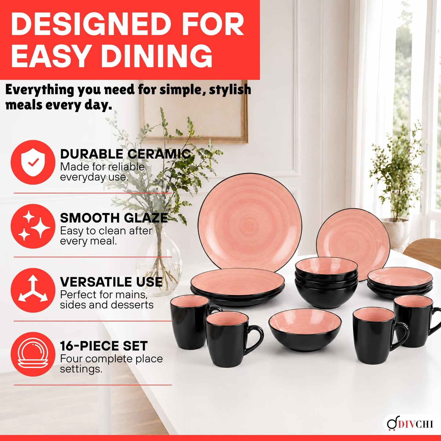 DIVCHI 16 Piece Ceramic Dinnerware Set - Light Pink - Image 8