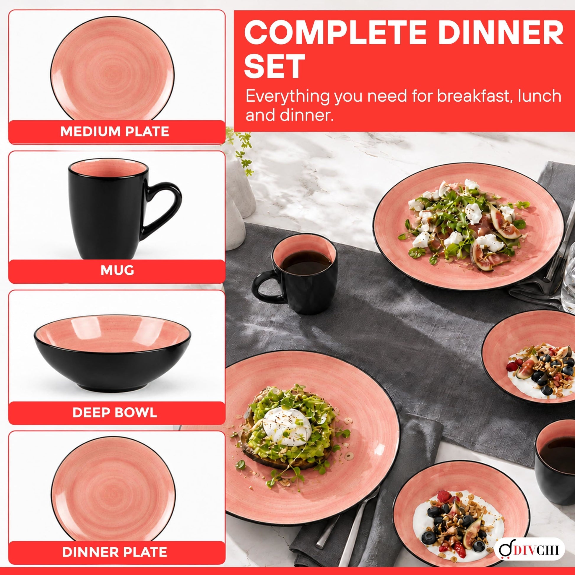 DIVCHI 16 Piece Ceramic Dinnerware Set - Light Pink - Image 9