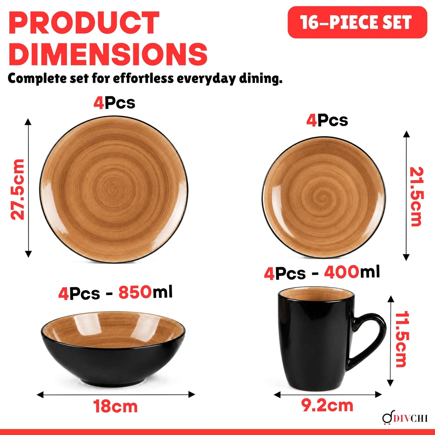 DIVCHI 16 Piece Ceramic Dinnerware Set - Light Brown - Image 3