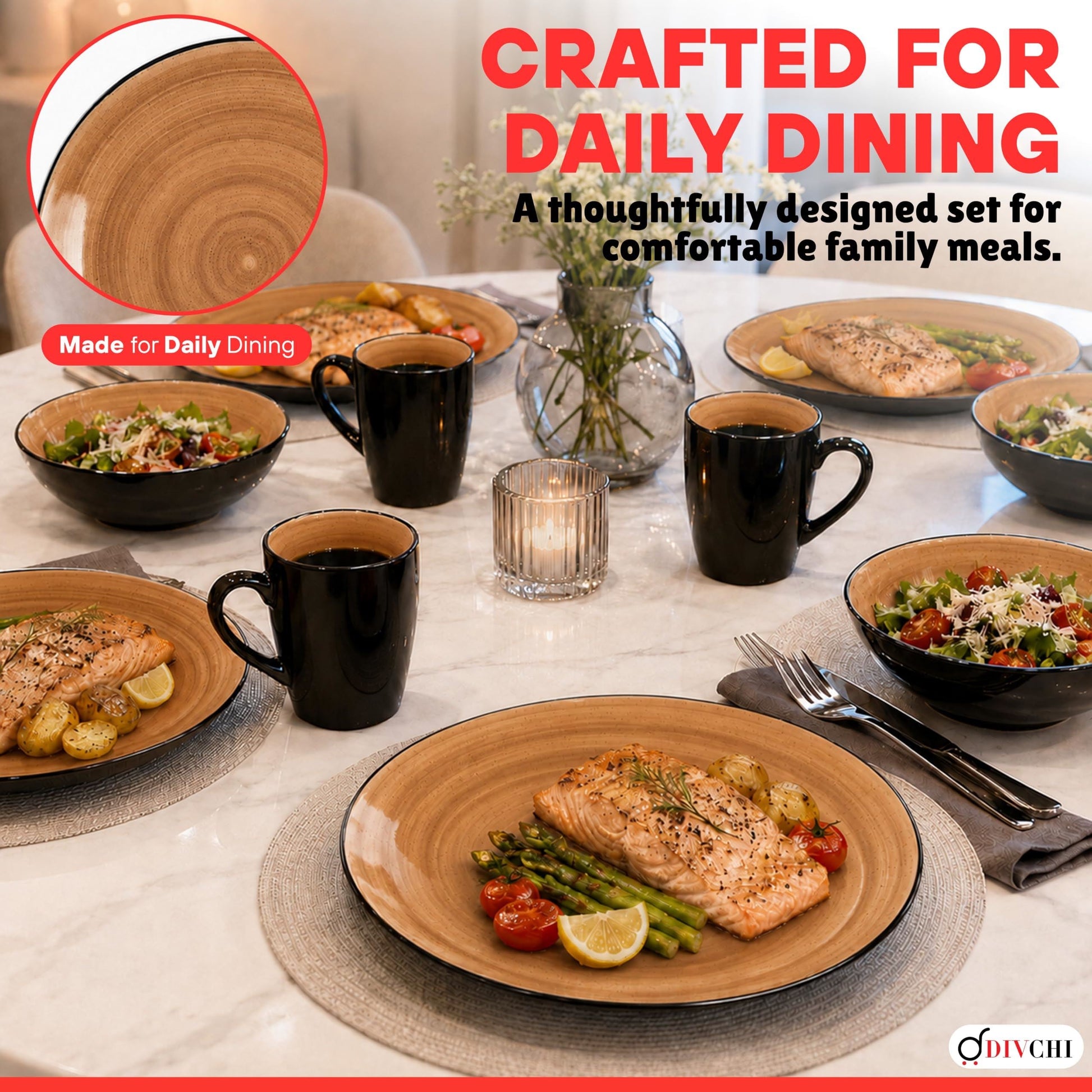 DIVCHI 16 Piece Ceramic Dinnerware Set - Light Brown - Image 4