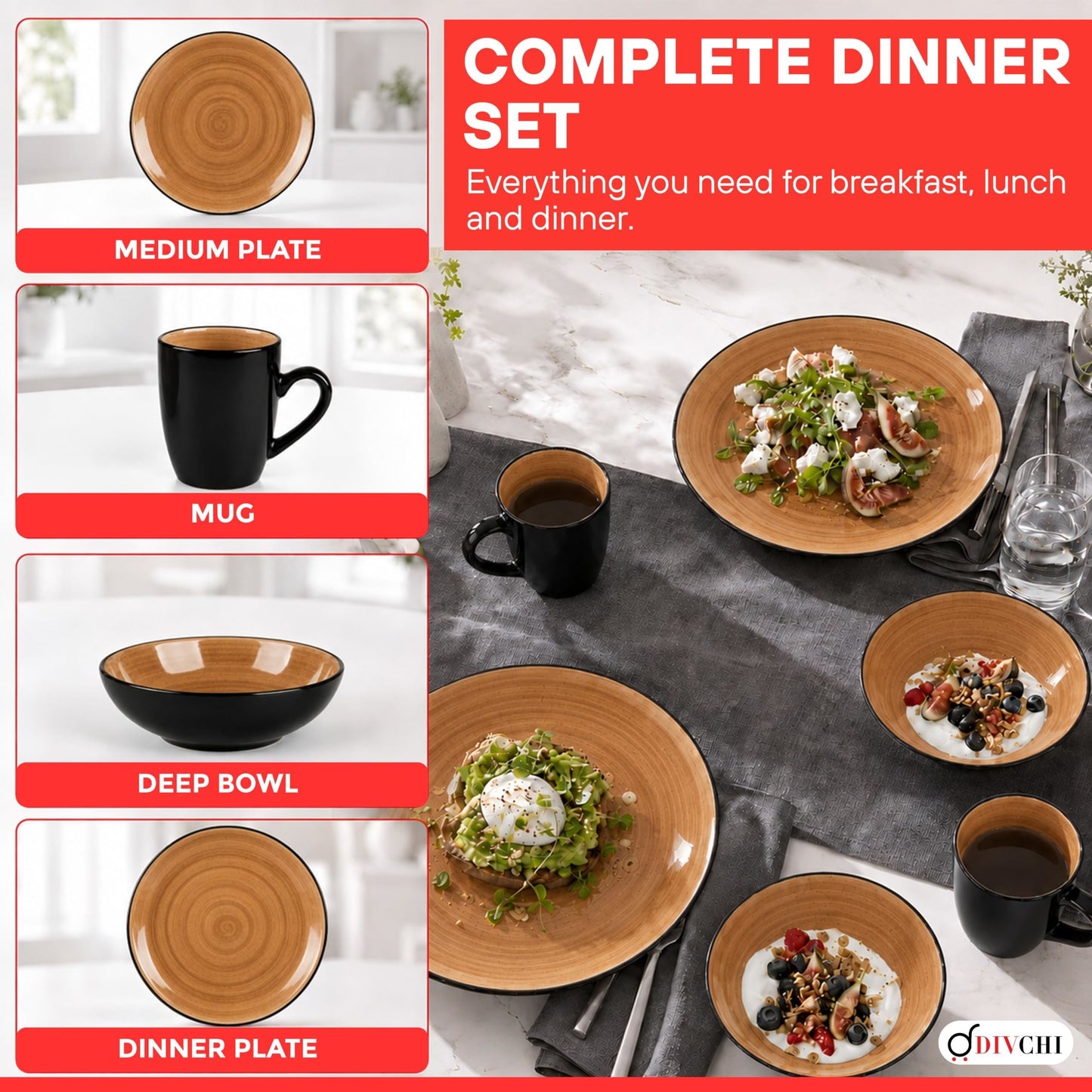 DIVCHI 16 Piece Ceramic Dinnerware Set - Light Brown - Image 8