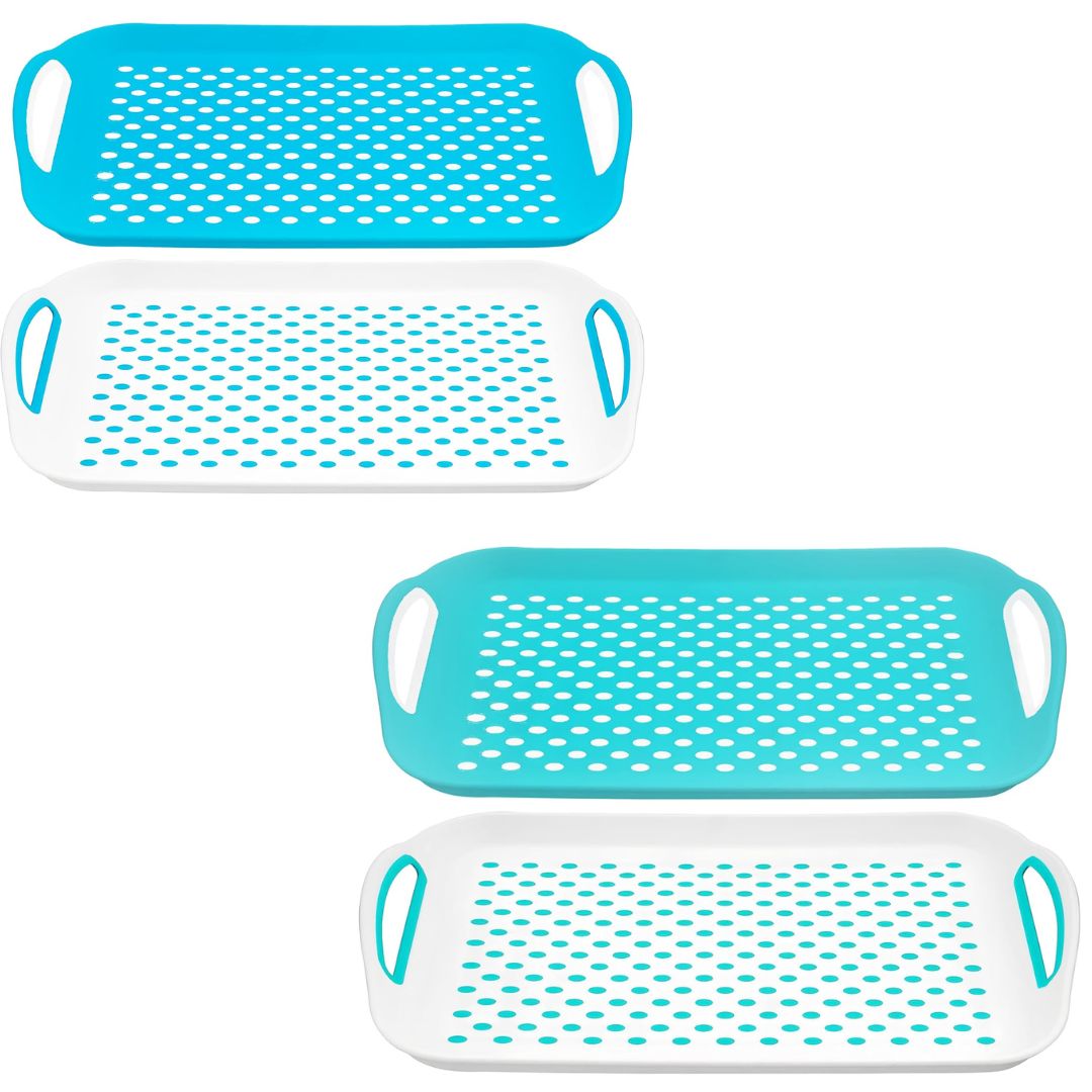 DIVCHI 2x Set of Anti-Slip Rectangular Non-Slip Top and Bottom Plastic Dinner/Drinks Serving Tray with High Grip Rubber Surface, Easy Grip Handles