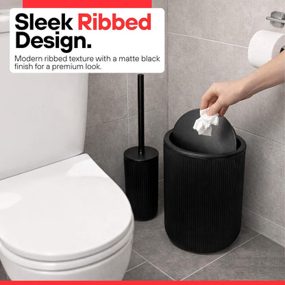 Bathroom Accessories Set 5 Piece Toilet Accessory Plastic Bathroom Essentials Sets Trash Can Toilet Brush Toothbrush Holder Soap Dish Soap Dispenser Bath Set Gift Organiser Kit (Black)