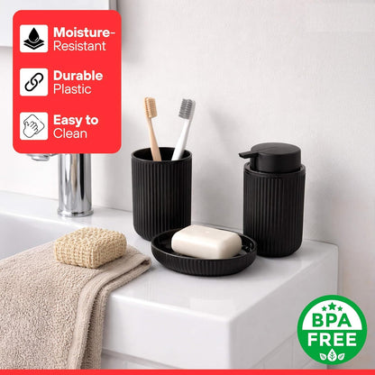Bathroom Accessories Set 5 Piece Toilet Accessory Plastic Bathroom Essentials Sets Trash Can Toilet Brush Toothbrush Holder Soap Dish Soap Dispenser Bath Set Gift Organiser Kit (Black)