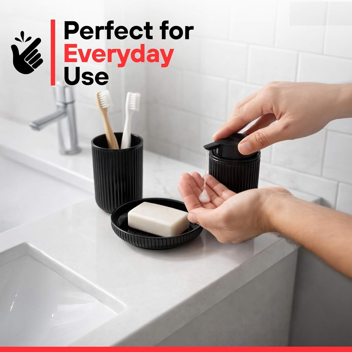 Bathroom Accessories Set 5 Piece Toilet Accessory Plastic Bathroom Essentials Sets Trash Can Toilet Brush Toothbrush Holder Soap Dish Soap Dispenser Bath Set Gift Organiser Kit (Black)
