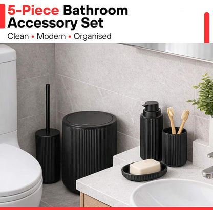 Bathroom Accessories Set 5 Piece Toilet Accessory Plastic Bathroom Essentials Sets Trash Can Toilet Brush Toothbrush Holder Soap Dish Soap Dispenser Bath Set Gift Organiser Kit (Black)