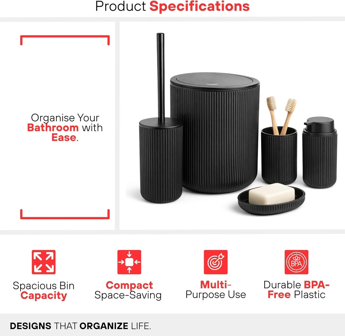 Bathroom Accessories Set 5 Piece Toilet Accessory Plastic Bathroom Essentials Sets Trash Can Toilet Brush Toothbrush Holder Soap Dish Soap Dispenser Bath Set Gift Organiser Kit (Black)