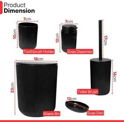Bathroom Accessories Set 5 Piece Toilet Accessory Plastic Bathroom Essentials Sets Trash Can Toilet Brush Toothbrush Holder Soap Dish Soap Dispenser Bath Set Gift Organiser Kit (Black)