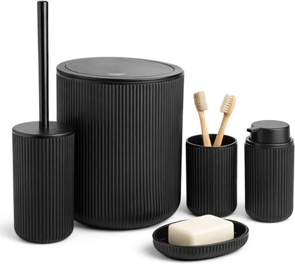 Bathroom Accessories Set 5 Piece Toilet Accessory Plastic Bathroom Essentials Sets Trash Can Toilet Brush Toothbrush Holder Soap Dish Soap Dispenser Bath Set Gift Organiser Kit (Black)