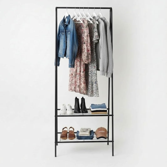 Clothes Rail Heavy Duty Multifunctional Hanging Rack Freestanding Metal Garment Organizer Stand with 2-Tier Storage Shelves Portable Coat Stand for Bedroom Laundry Room & Entryway