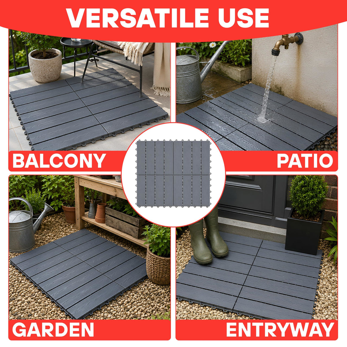 DIVCHI Composite Decking Tiles Set of 4 Interlocking Mat Outdoor Garden Deck Tiles Patio Flooring for Balcony Terrace (29.5 x 29.5 cm)