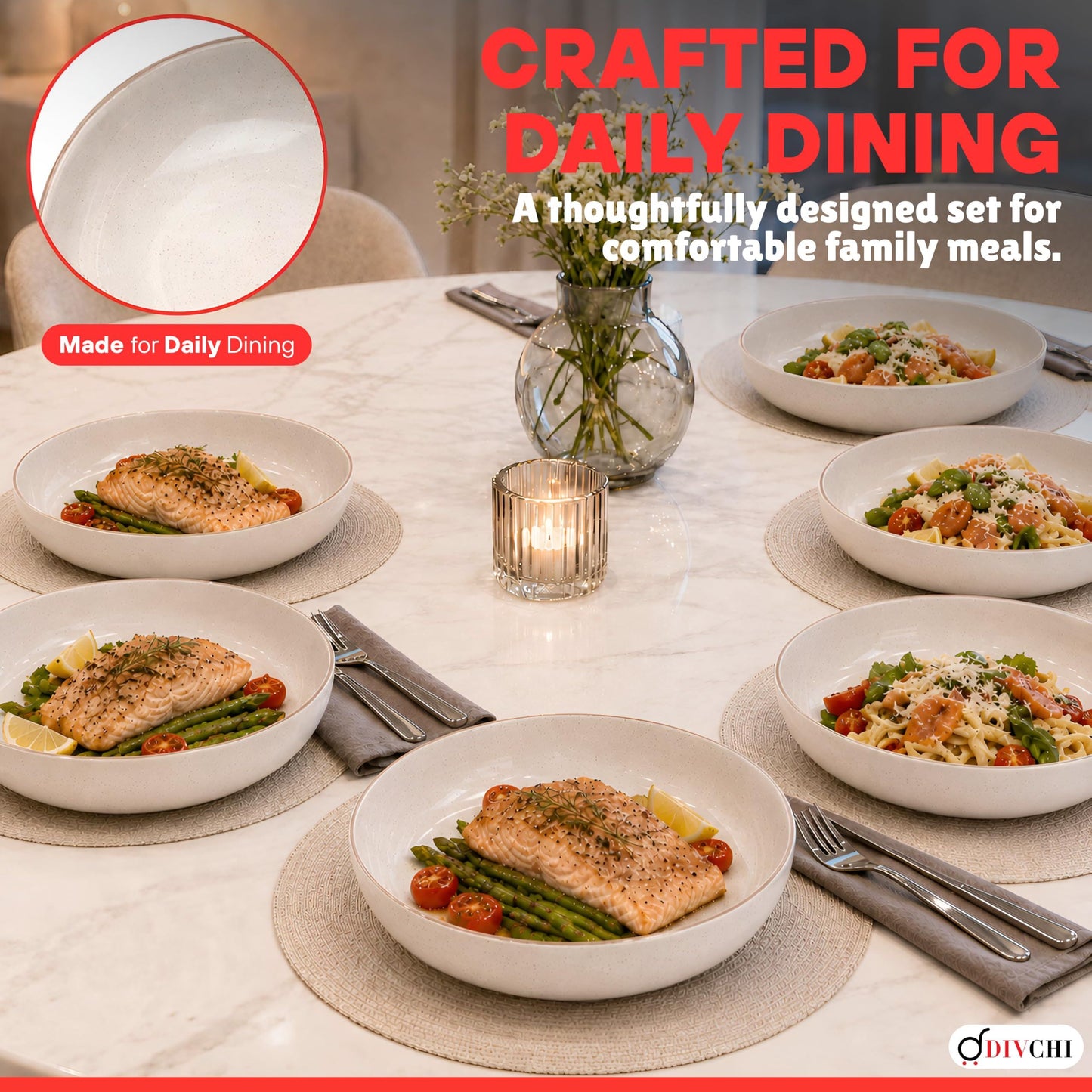 DIVCHI Bowls Set of 6, Ceramic Serving Bowl