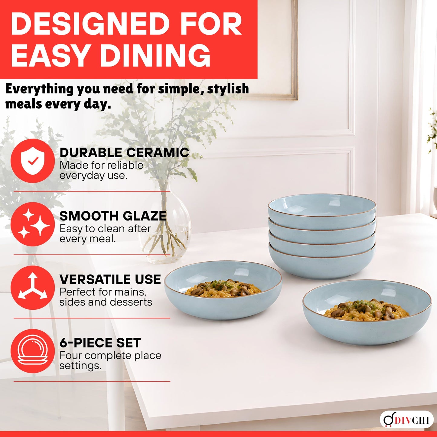 DIVCHI Bowls Set of 6, Ceramic Serving Bowl