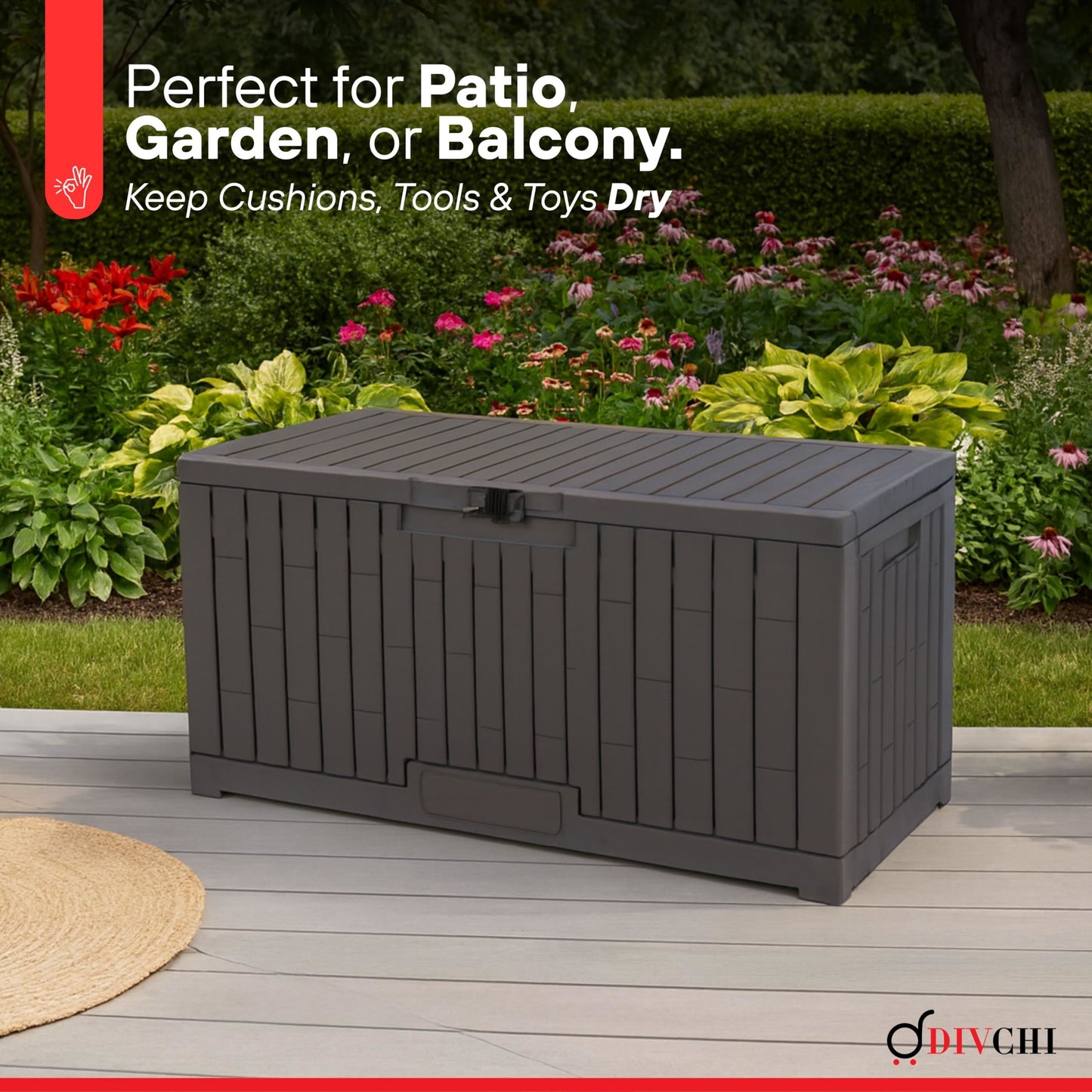 DIVCHI Outdoor Storage Box Waterproof Deck Box for Garden Tools Patio Cushions and Pool Accessories Lockable Easy Assembly Versatile Bench or Table (120 Gallon)