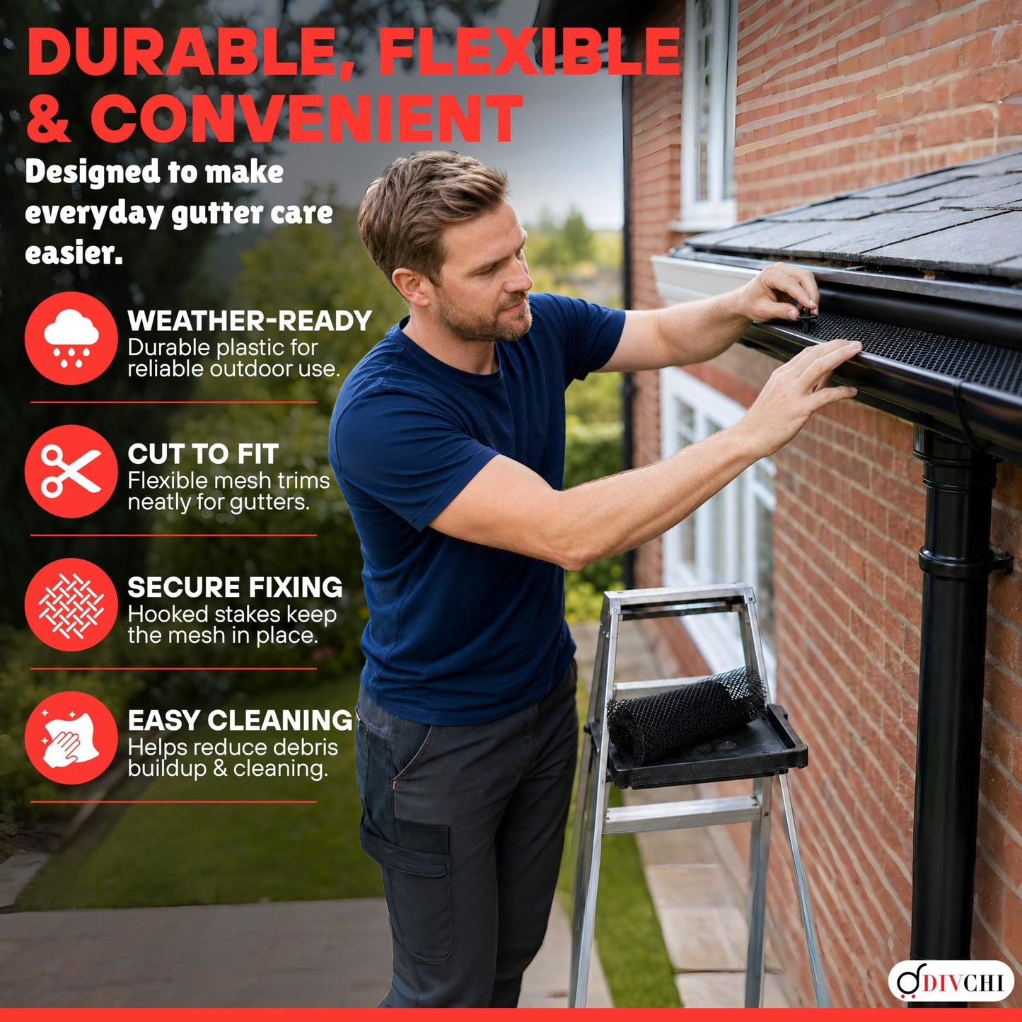 DIVCHI Gutter Guard Mesh 5m Plastic Leaf Guard with 8 Fixing Stakes Flexible Guttering Protection for Leaves Moss & Debris Cut to Fit