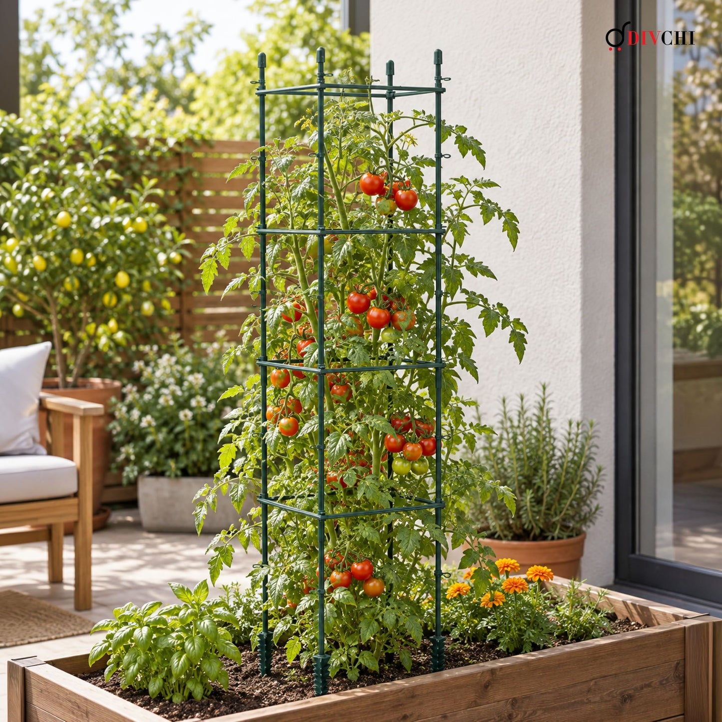 DIVCHI Tomato Plant Support Cage, Square Garden Trellis with Plants Support Clips & Stakes for Vertical Climbing Plants, Vegetables, Fruits, Flowers & Vines