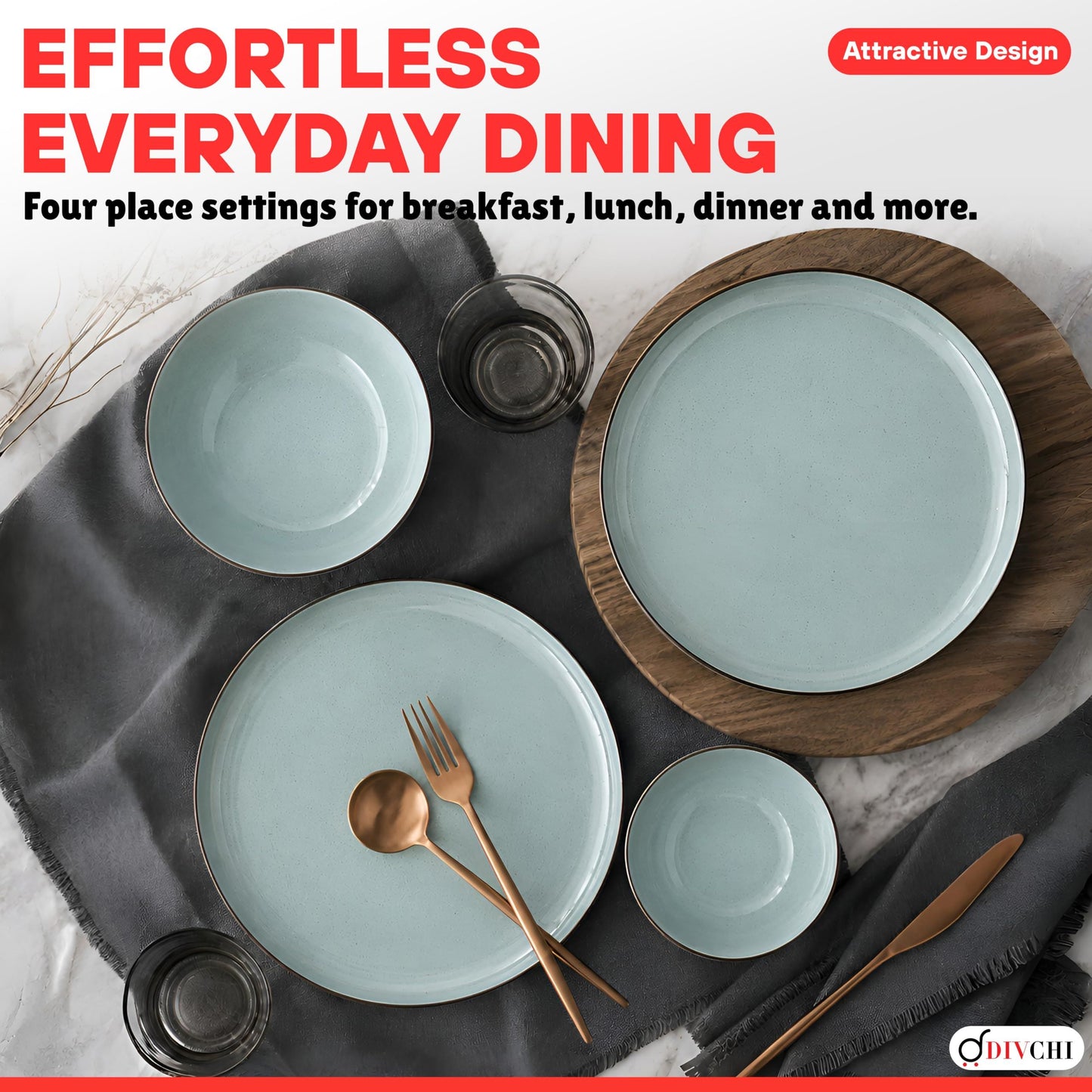 DIVCHI 16-Piece Dinner Set for 4 Ceramic Dinnerware Set