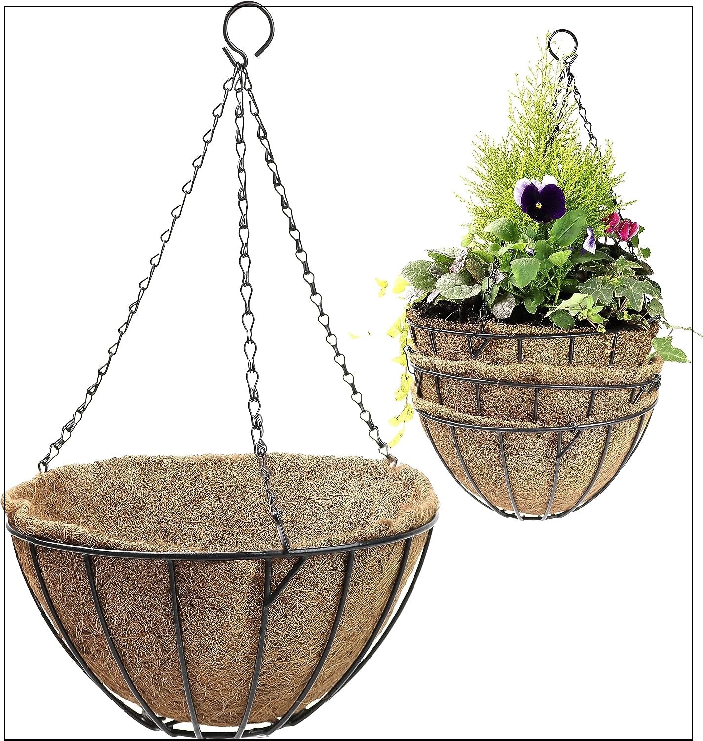 DIVCHI Hanging Basket with Coco Liner & Chain – Flower Hanging Pots for Indoor & Outdoor Garden Décor (30cm & 35cm Sizes) - DIVCHI