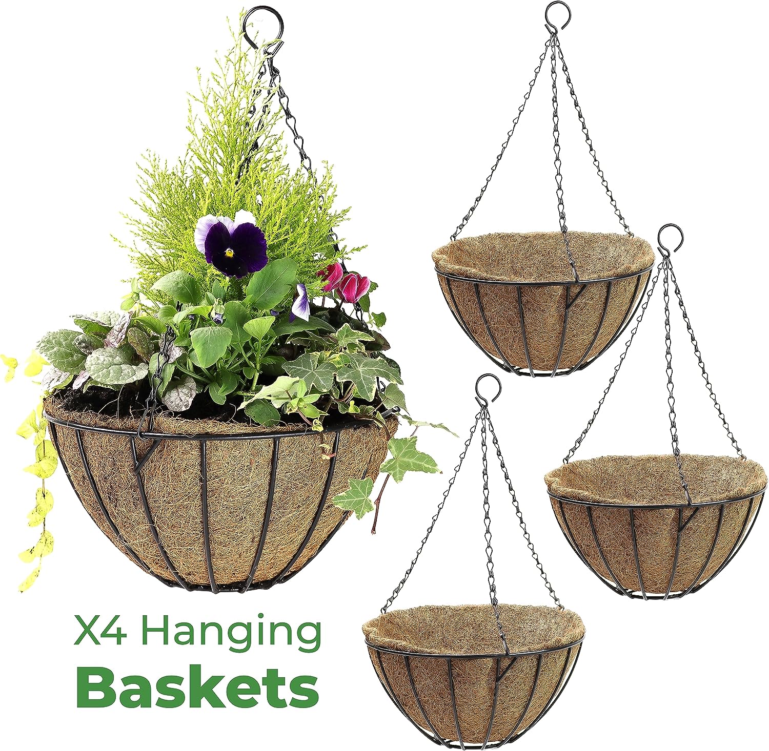 DIVCHI Hanging Basket with Coco Liner & Chain – Flower Hanging Pots for Indoor & Outdoor Garden Décor (30cm & 35cm Sizes) - DIVCHI