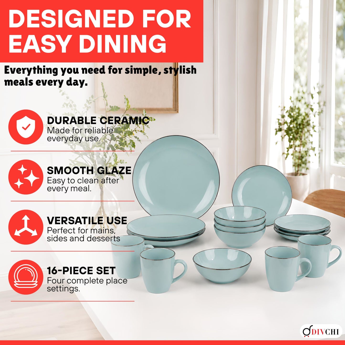 DIVCHI 16-Piece Dinner Set for 4, Ceramic Kitchen Tableware