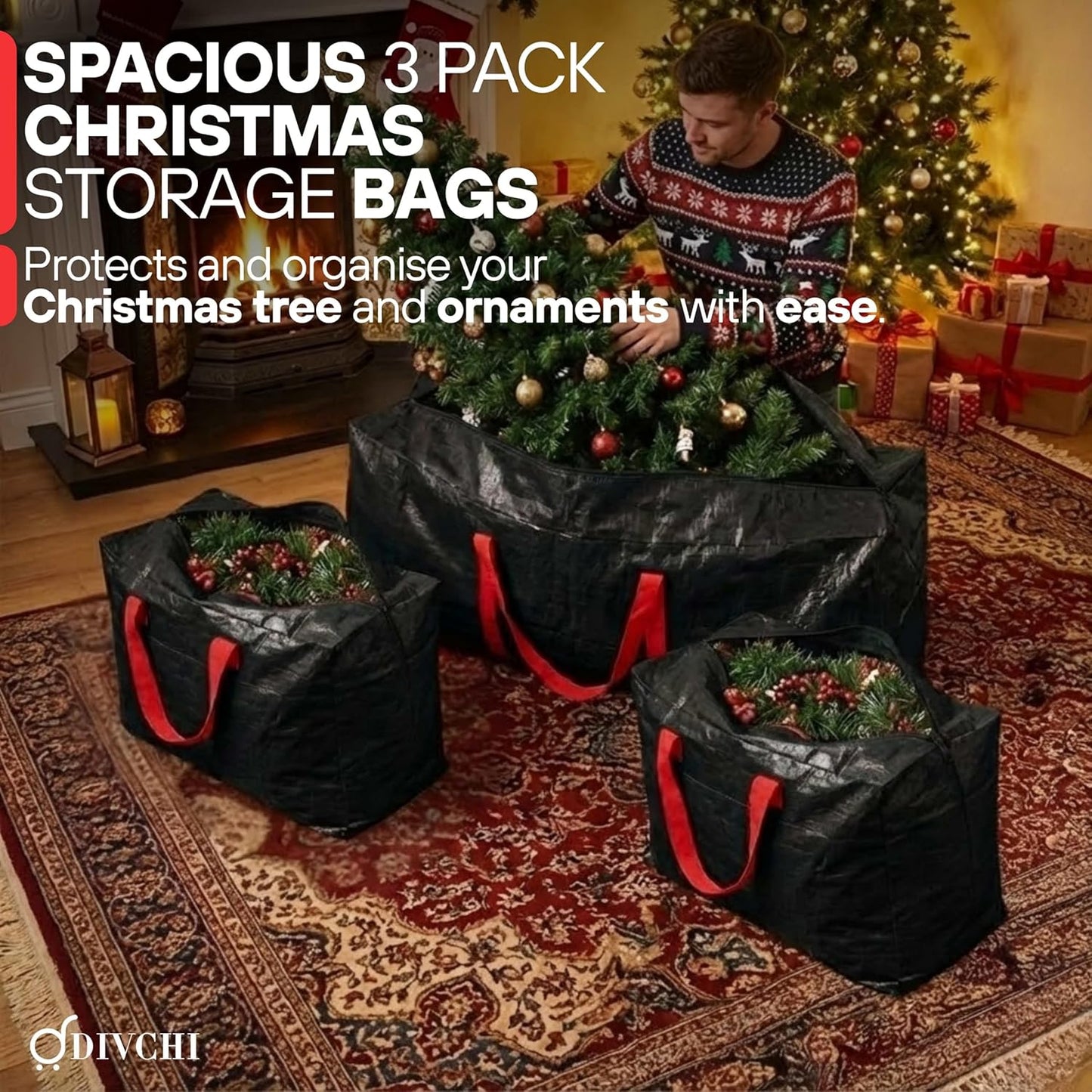 DIVCHI Large Christmas Tree 3Pcs Storage Bag Green - Holiday Artificial Disassembled Trees with Durable Reinforced Handles & Zipper - Waterproof Material Protects from Dust, Moisture & Insect (Black)