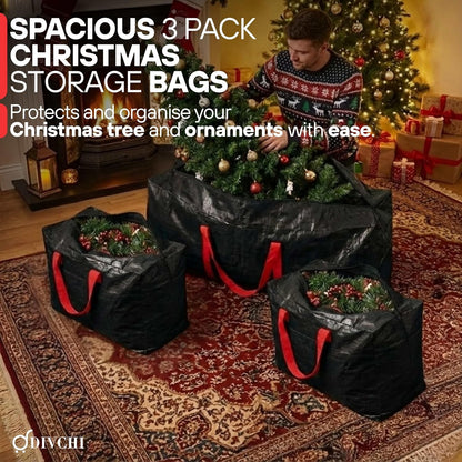DIVCHI Large Christmas Tree 3Pcs Storage Bag Green - Holiday Artificial Disassembled Trees with Durable Reinforced Handles & Zipper - Waterproof Material Protects from Dust, Moisture & Insect (Black)