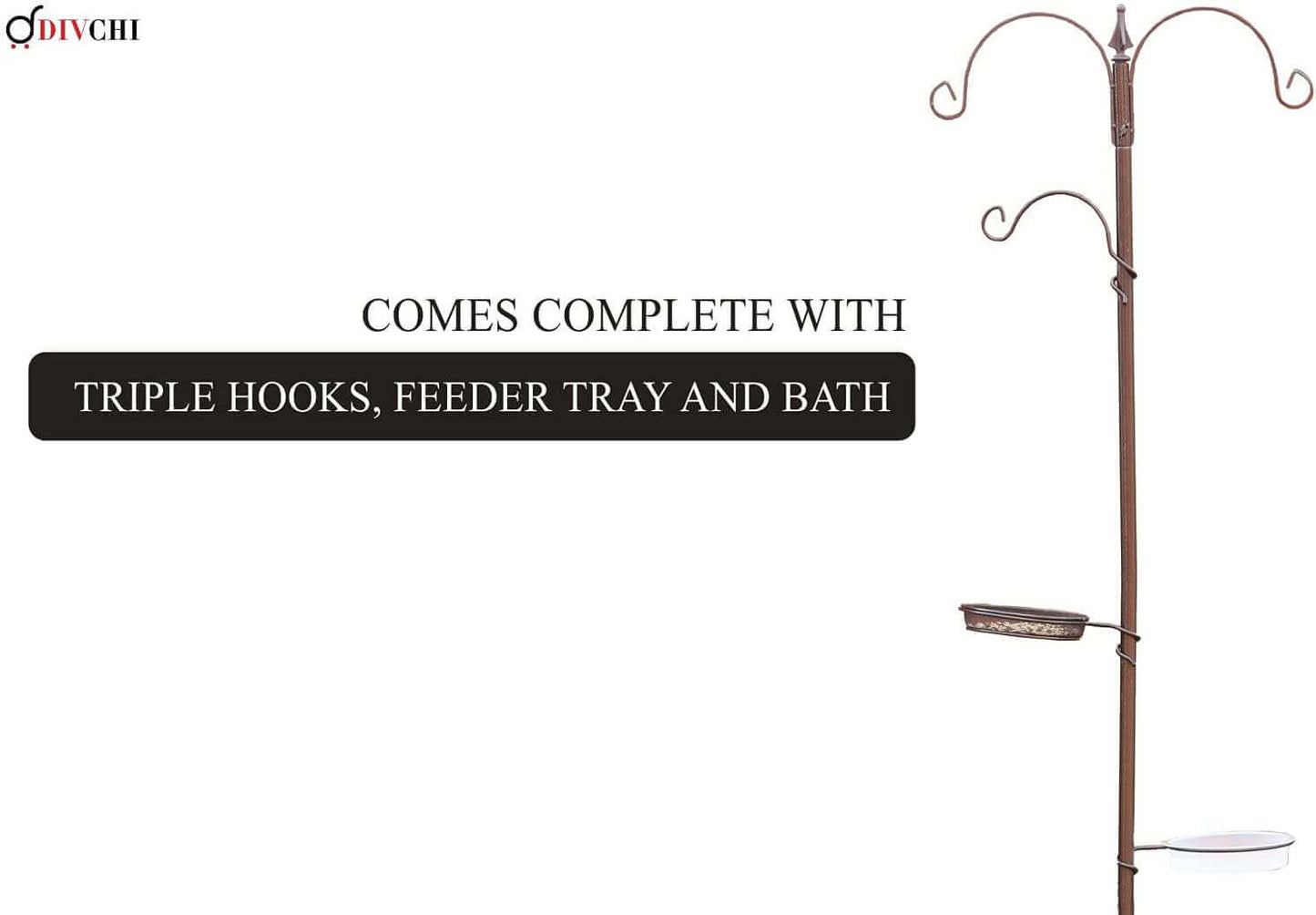 Bird feeding stand with triple hooks, mesh tray, and water bath included