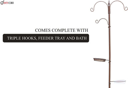 Bird feeding stand with triple hooks, mesh tray, and water bath included