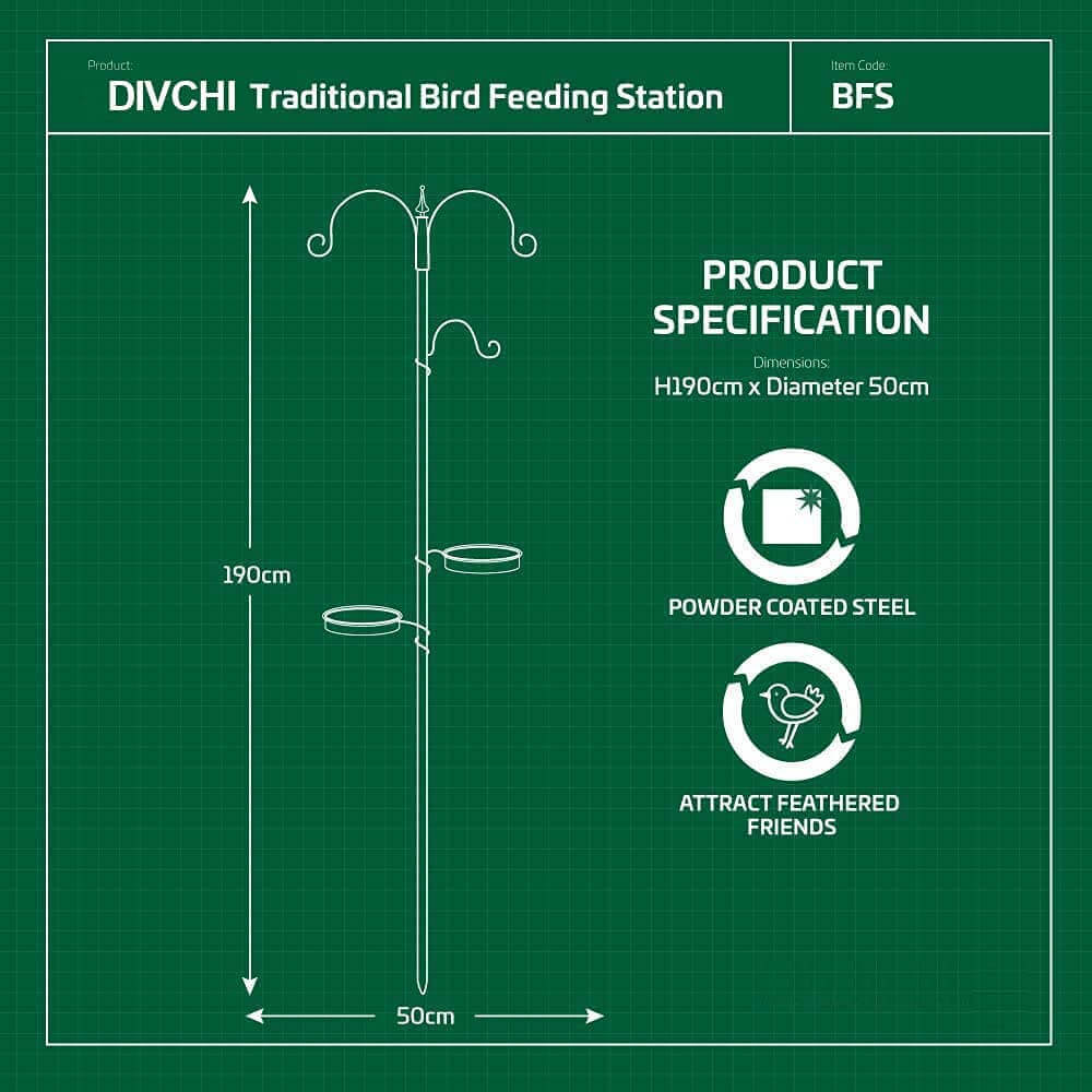 Product dimensions and specifications for Divchi bird feeding station, height 190cm and width 50cm