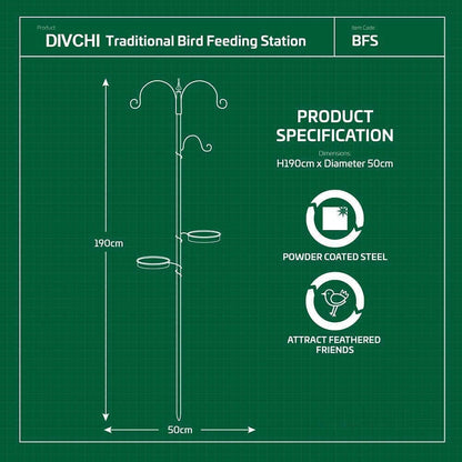 Product dimensions and specifications for Divchi bird feeding station, height 190cm and width 50cm