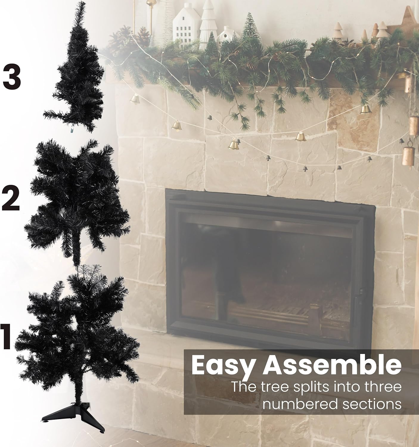Black artificial Christmas tree with assembly instructions next to a fireplace.
