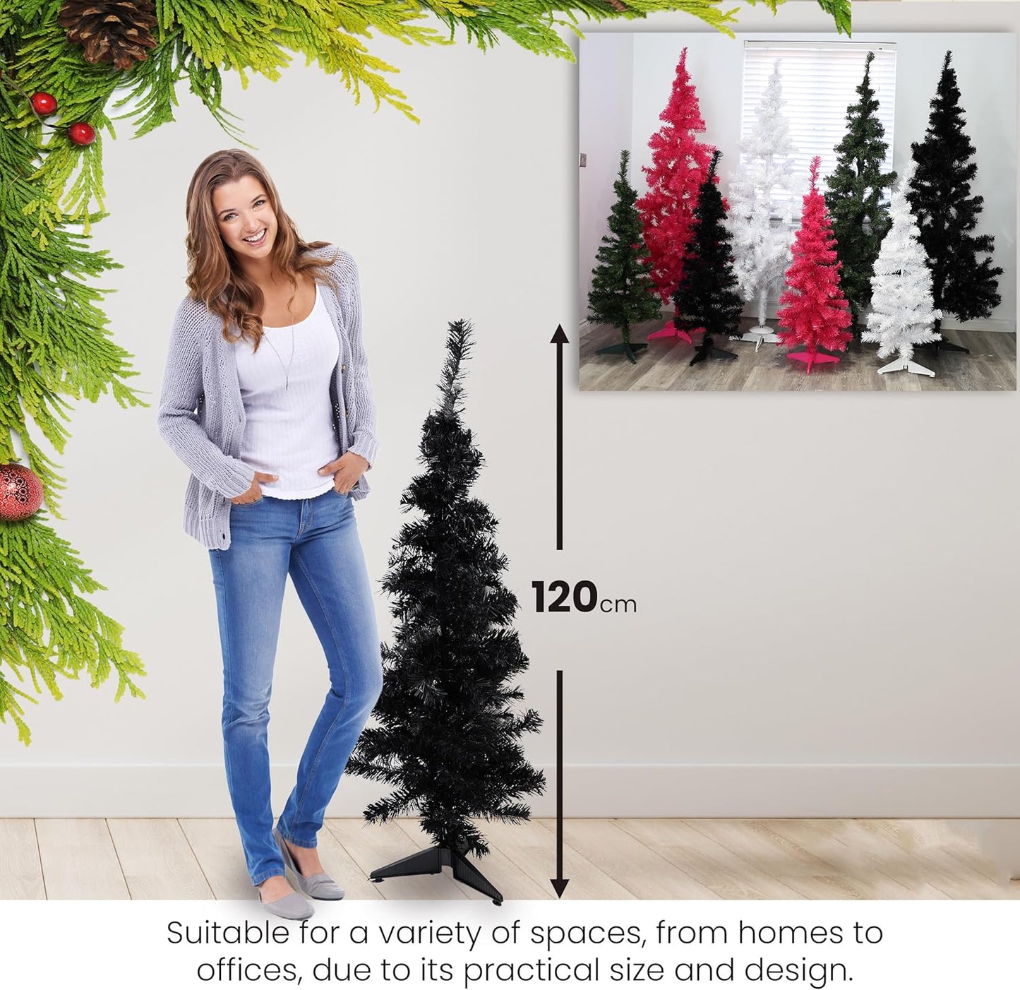 Woman standing next to a black Christmas tree with a measurement label, surrounded by greenery and other trees in the background.