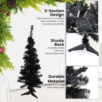 Black artificial Christmas tree with assembly instructions and product features on a white background.