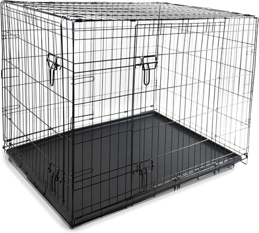 Heavy-duty black metal wire crate for large dogs or cats with secure doors