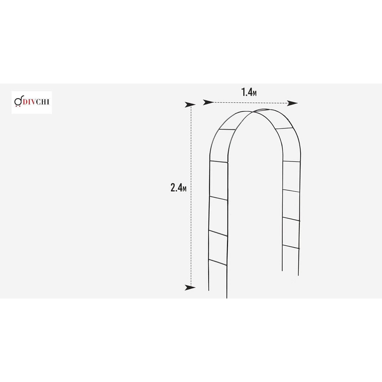Dimensions of the garden arch showing 2.4 meters high and 1.4 meters wide