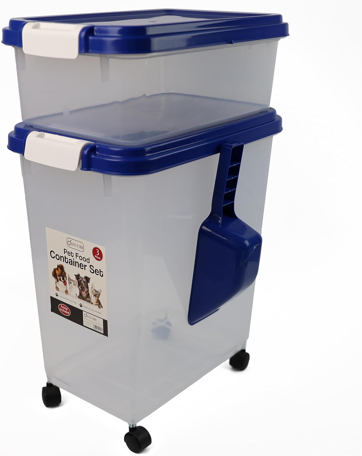 3-Pc Airtight Pet Food Storage Container With Plastic Measuring Scoop And Wheels - DIVCHI