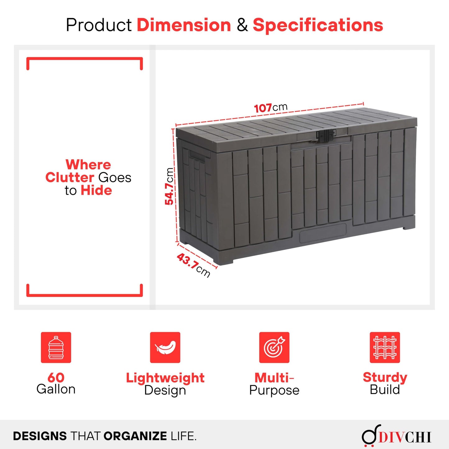 DIVCHI Outdoor Storage Box Waterproof Deck Box for Garden Tools Patio Cushions and Pool Accessories Lockable Easy Assembly Versatile Bench or Table (60 Gallon)