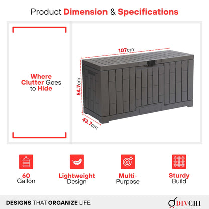 DIVCHI Outdoor Storage Box Waterproof Deck Box for Garden Tools Patio Cushions and Pool Accessories Lockable Easy Assembly Versatile Bench or Table (60 Gallon)