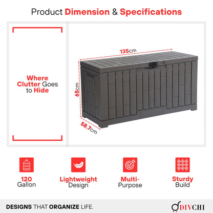 DIVCHI Outdoor Storage Box Waterproof Deck Box for Garden Tools Patio Cushions and Pool Accessories Lockable Easy Assembly Versatile Bench or Table (120 Gallon)