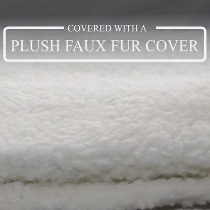 Close-up texture of soft white plush faux fur used for cat bed cover