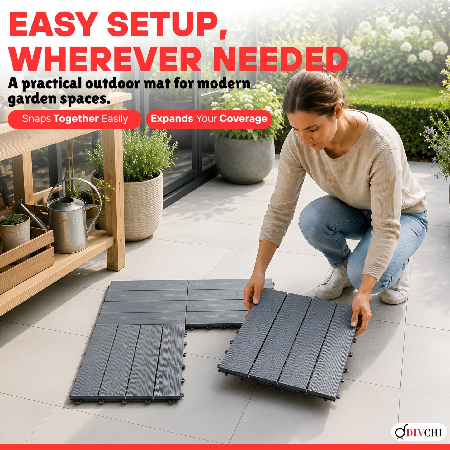DIVCHI Composite Decking Tiles Set of 4 Interlocking Mat Outdoor Garden Deck Tiles Patio Flooring for Balcony Terrace (29.5 x 29.5 cm)