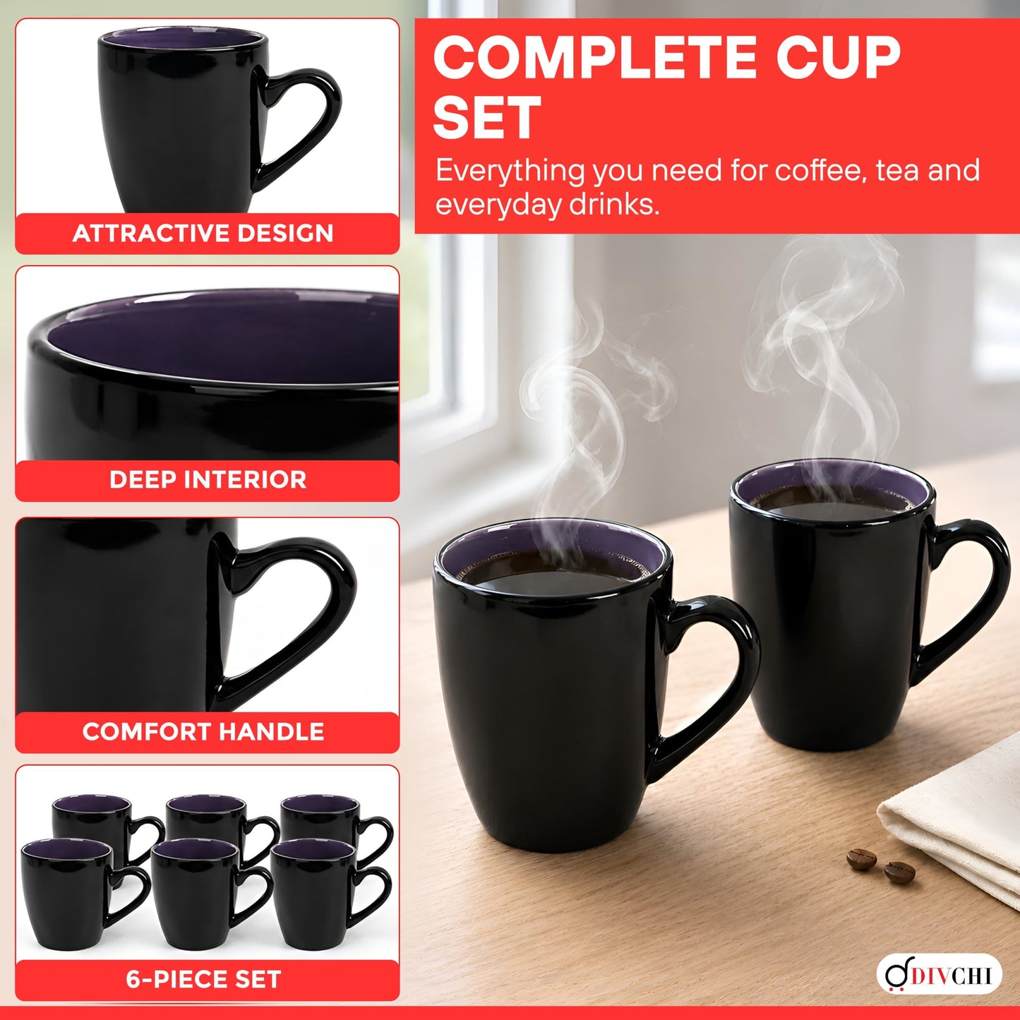 DIVCHI Coffee Mugs Set of 6 Ceramic Tea Hot Chocolate Cups