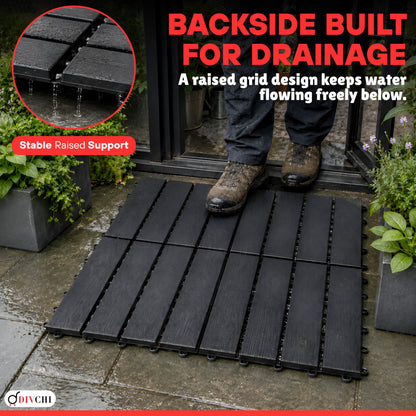 DIVCHI Composite Decking Tiles Set of 4 Interlocking Mat Outdoor Garden Deck Tiles Patio Flooring for Balcony Terrace (29.5 x 29.5 cm)
