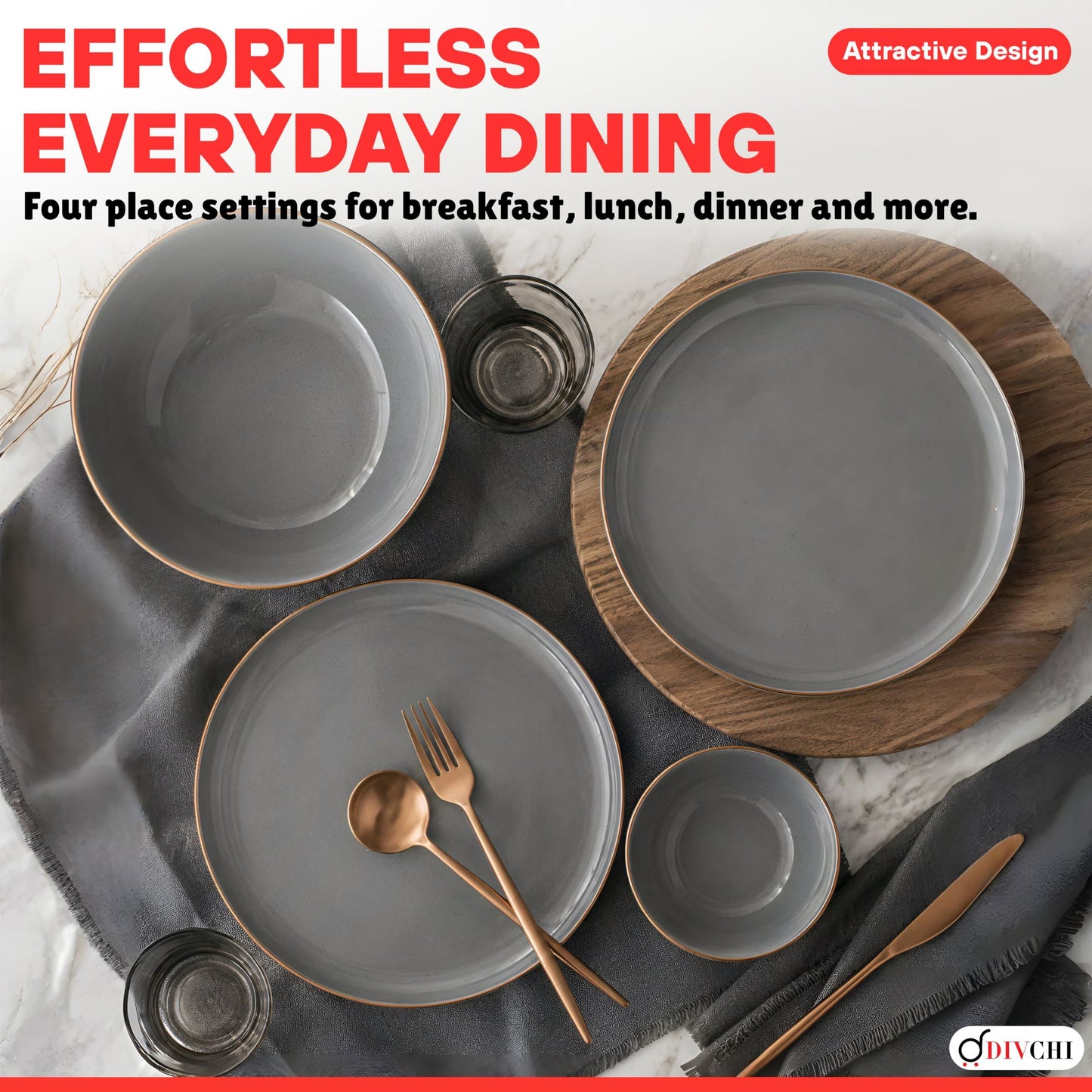DIVCHI 16-Piece Dinner Set for 4 Ceramic Dinnerware Set